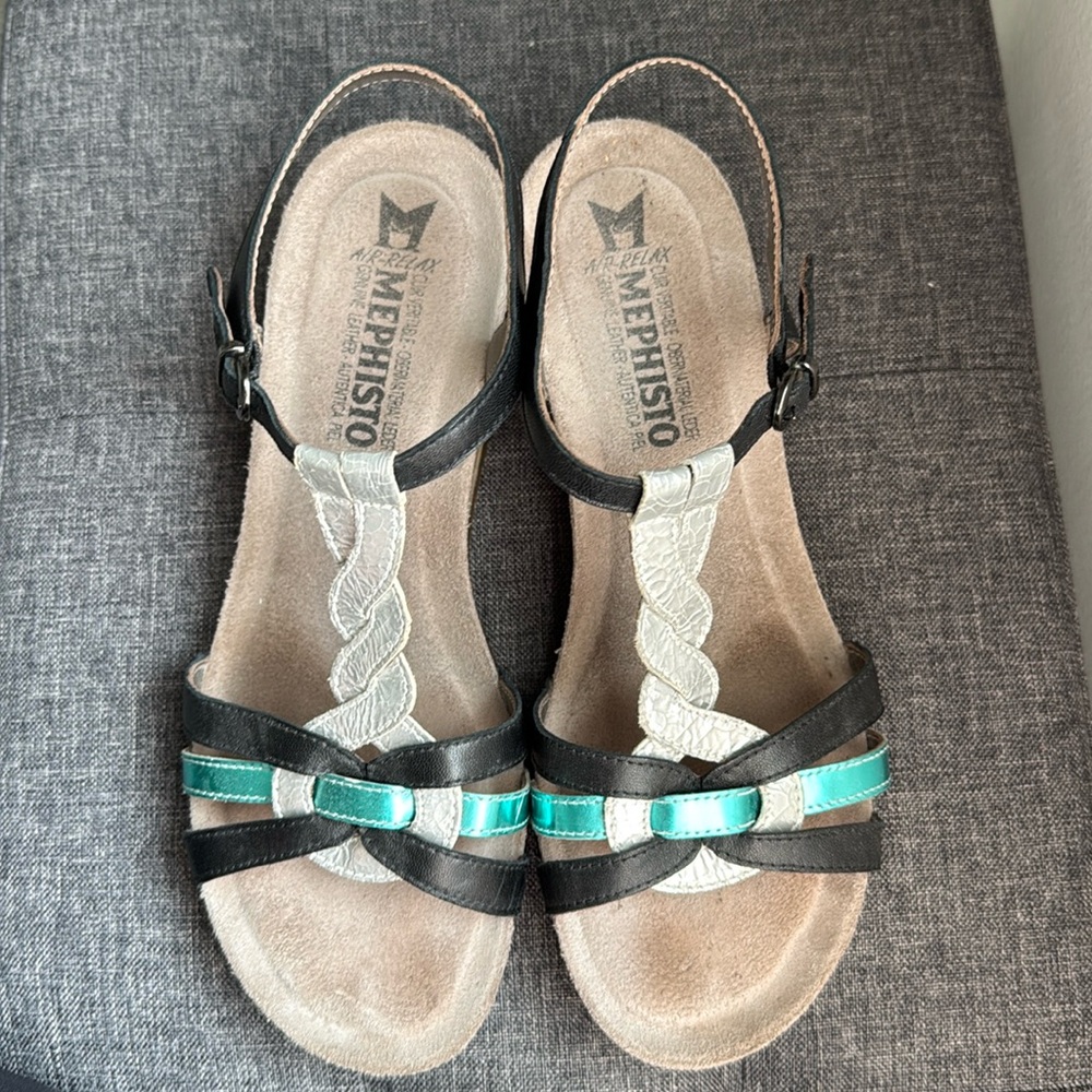 Mephisto Teal Silver Black T Strap Wedge Sandals